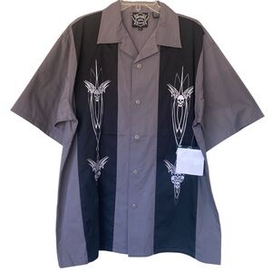Hard Chrome Men's Biker Gray Black Skull Short Sleeve Snap Down Shirt Sz XL